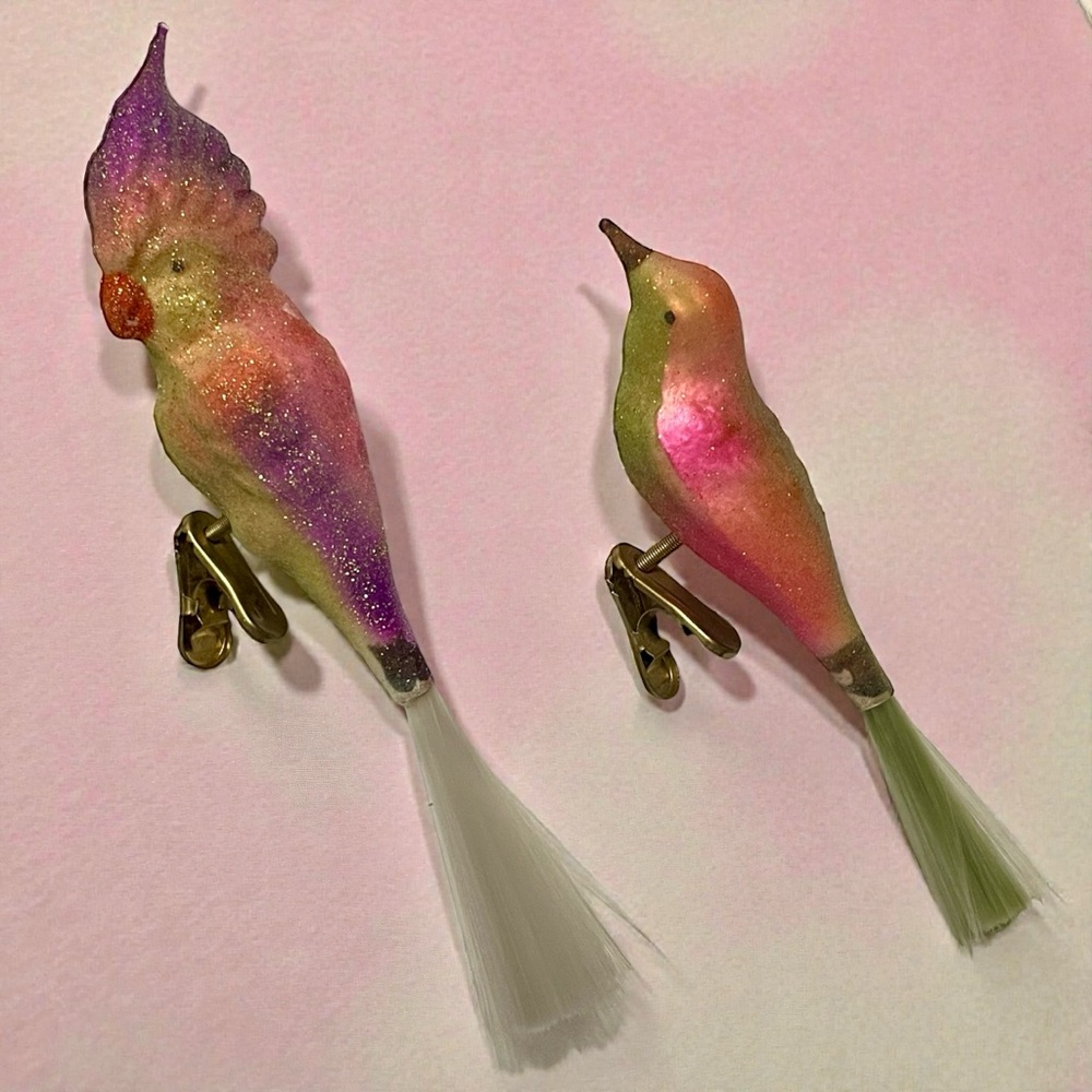 VTG 2 Mercury Glass Clip Bird Christmas Ornament Spun Tail Mix 7.5" & 6" Germany